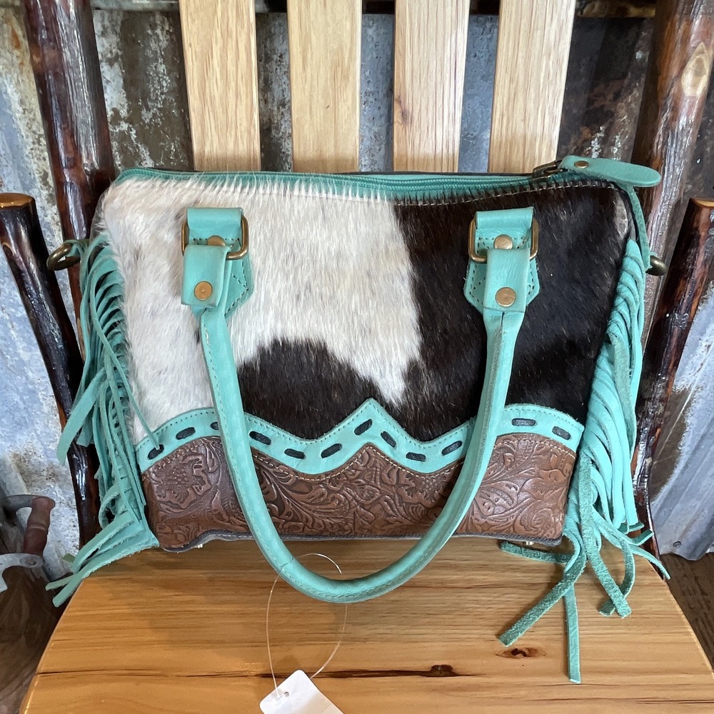 Western Style Purse Faux Cow Hide Leather Fringe Concealed Carry Zipper Pocket